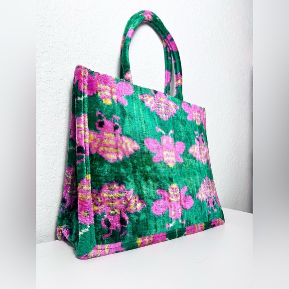 Handmade Velvet Ikat Bee Tote Bag Purse Vintage Look Large - Picture 3 of 10